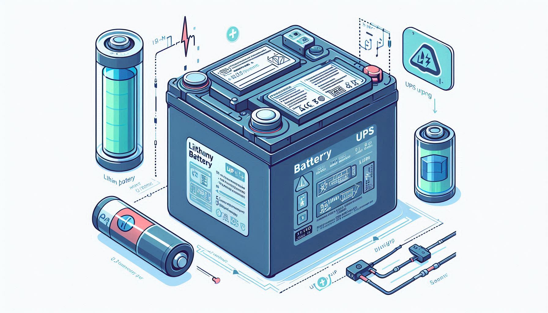 Lithium battery with a label indicating suitability for UPS usage, alongside a diagram showing its internal components