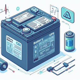 Lithium battery with a label indicating suitability for UPS usage, alongside a diagram showing its internal components