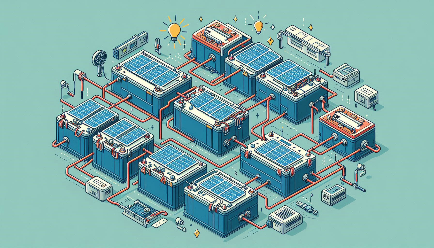 Více baterií připojených paralelně v DIY solárním systému, zajišťující efektivní ukládání a správu energie