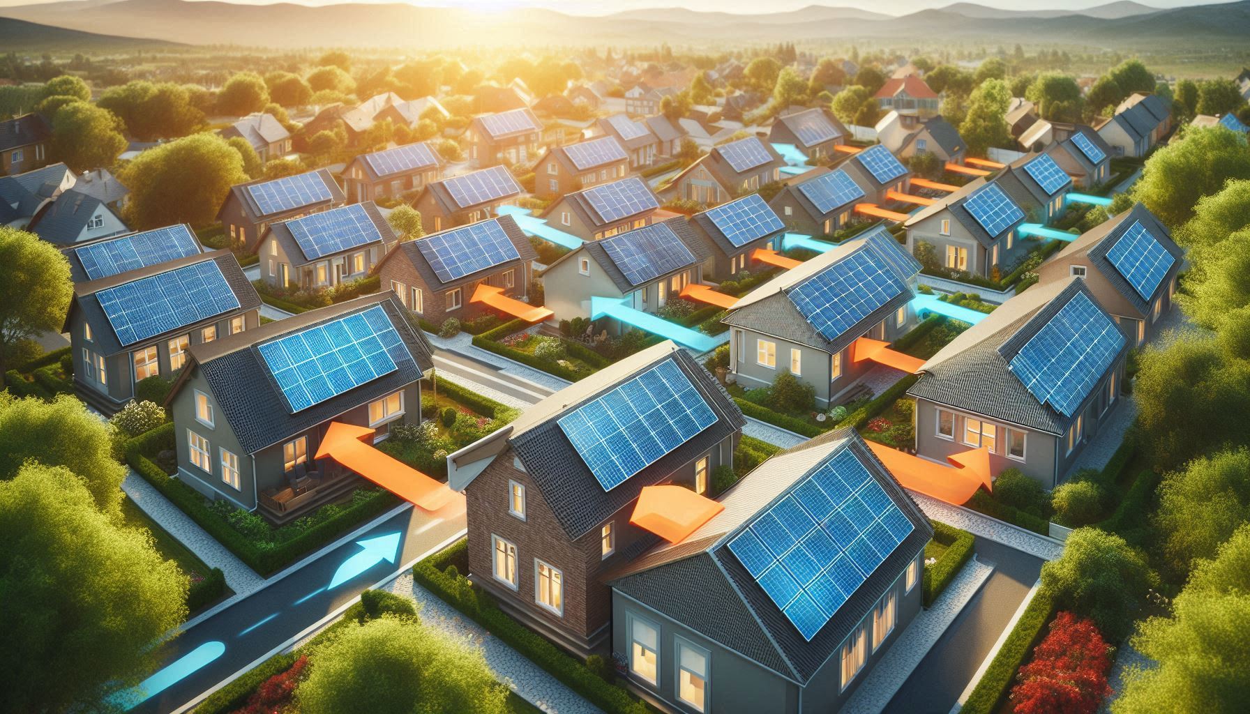 Solární panely na střechách obytných domů se šipkami znázorňujícími obousměrný tok energie