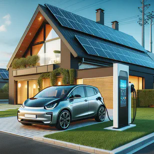 Nabíjení elektrického auta vedle moderního domu se solárními panely