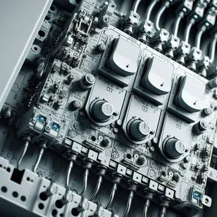 Detailní obrázek trojpolohového spínače nainstalovaného v domácím elektrickém panelu, ilustrující jeho zásadní roli v řízení zdrojů energie v solárních a autonomních energetických systémech