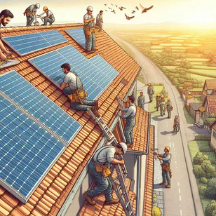 Technici instalující solární panely na střeše s keramickými dlaždicemi a Onduline, ilustrující výzvy složitých střešních materiálů