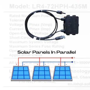 Diagramm, das parallele und serielle Verbindungen von Solarpanels mit detaillierten Parametern zeigt