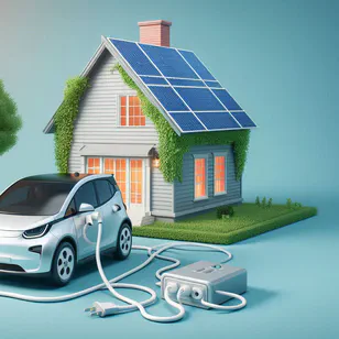 Coche eléctrico conectado al sistema eléctrico de una casa, ilustrando el concepto de almacenamiento de energía de vehículo a red.