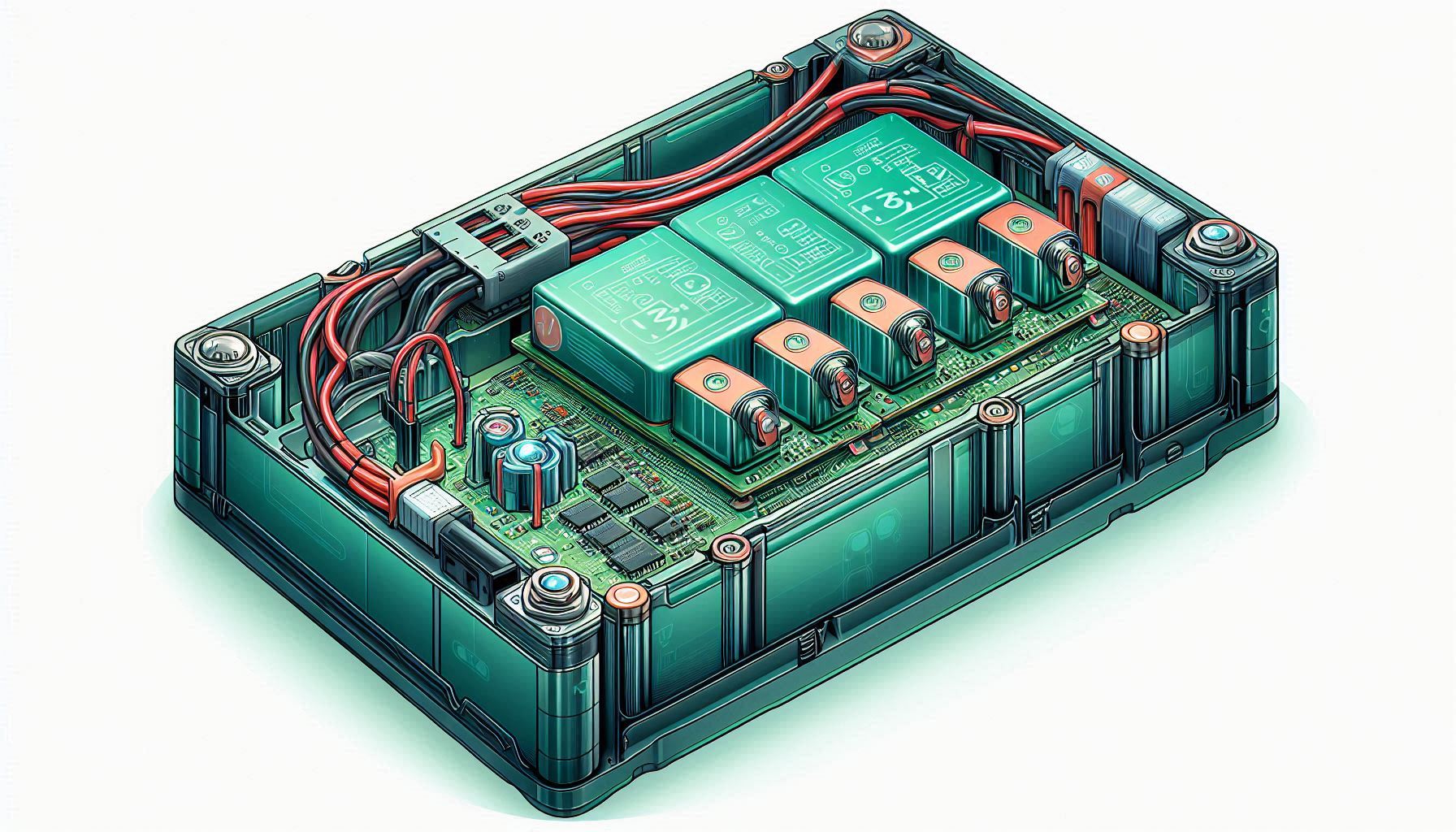 Primer plano de un paquete de batería LiFePO4 con el circuito BMS visible, destacando la importancia del sistema