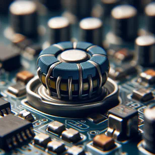 Primer plano de un componente de varistor en una placa de circuito eléctrico