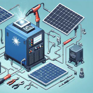 Primer plano de una máquina de soldar conectada a un inversor solar, ilustrando consideraciones de compatibilidad