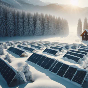 Paneles solares cubiertos de nieve en un día soleado de invierno