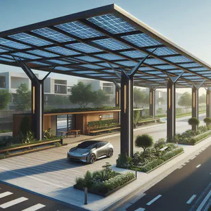 Structure de carport moderne avec des panneaux solaires en guise de toit, offrant ombre et énergie propre