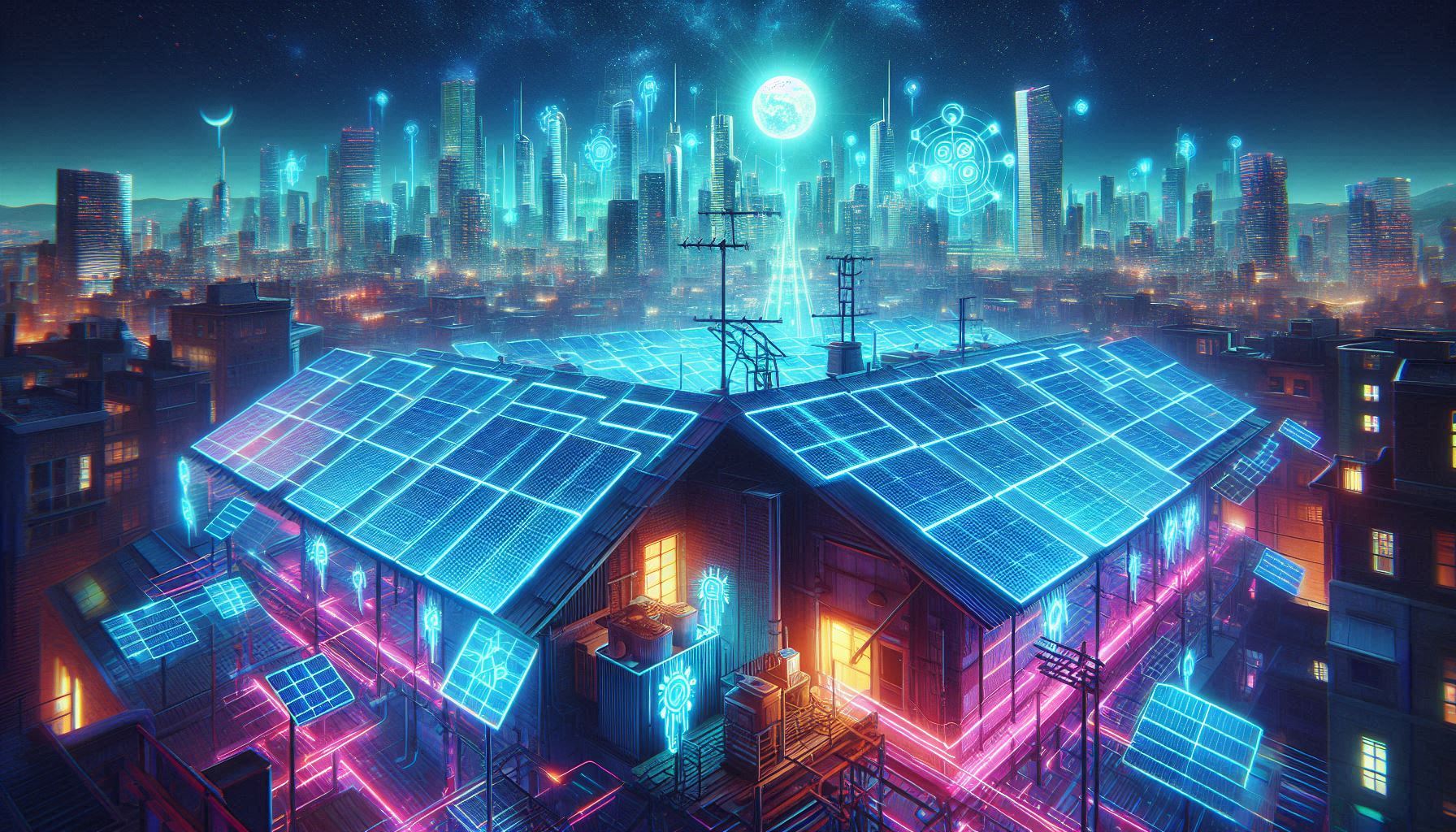 Panneaux solaires sur un toit orienté Est-Ouest sous un ciel dégagé, illustrant une installation solaire efficace