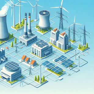 A balanced energy system showing renewable energy sources, thermal power plants, and storage solutions