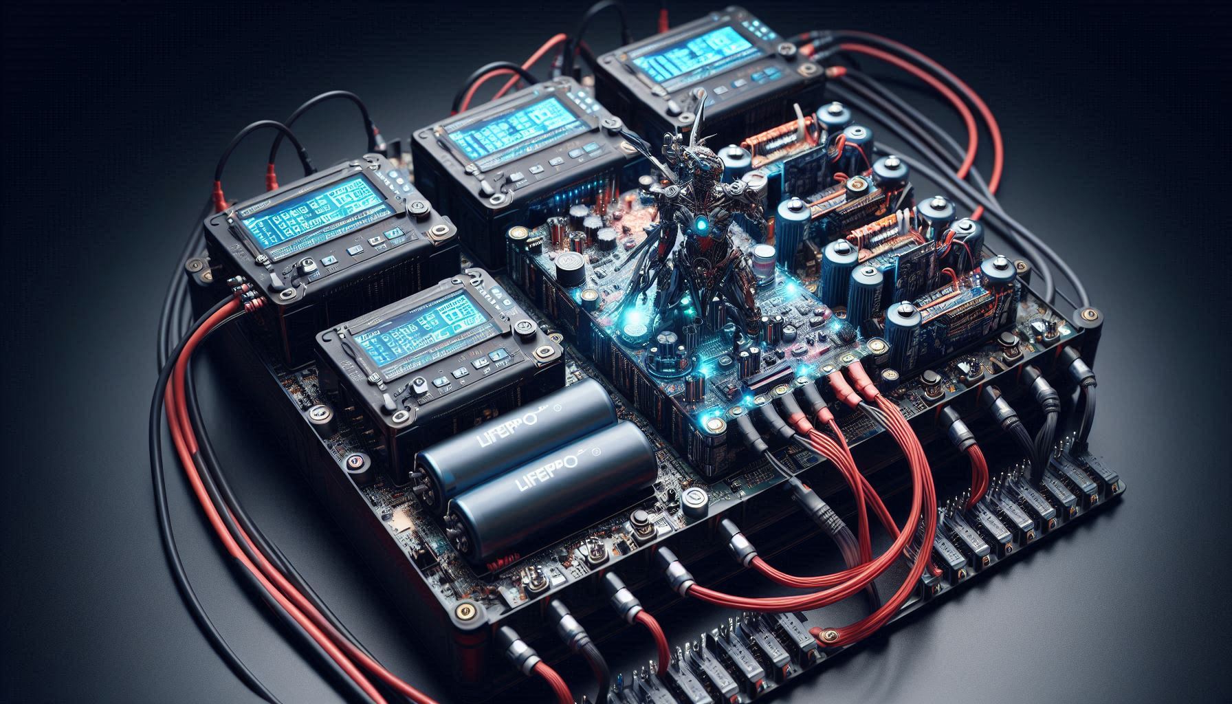 एक DIY LiFePO4 बैटरी पैक सेटअप जिसमें BMS कनेक्टेड है, जो ऊर्जा प्रबंधन और सुरक्षा सुविधाओं को दर्शाता है