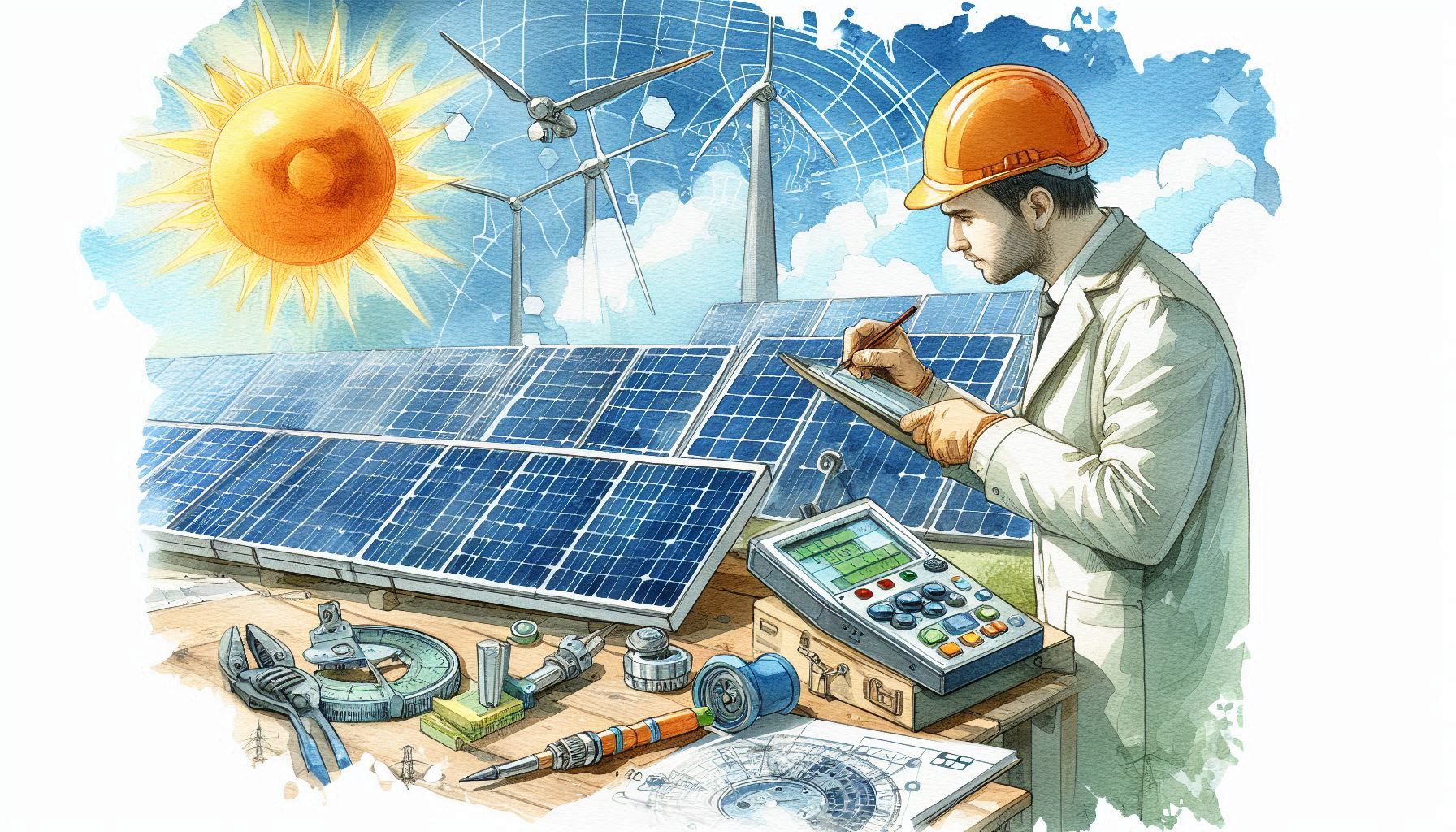 Ilustracija koja prikazuje proces određivanja snage solarnog panela, uključujući korake poput mjerenja izloženosti suncu, izračunavanja učinkovitosti panela, procjene potreba za energijom i odabira odgovarajućeg broja panela za zadovoljavanje potreba za energijom