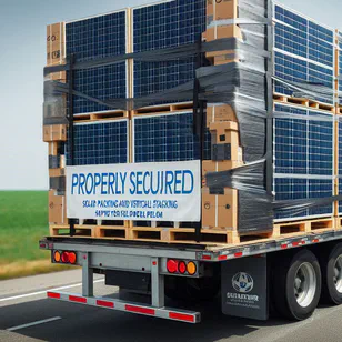 Ispravno osigurani solarni paneli koji se transportiraju na kamionu s ravnom platformom, prikazujući zaštitu i vertikalno slaganje