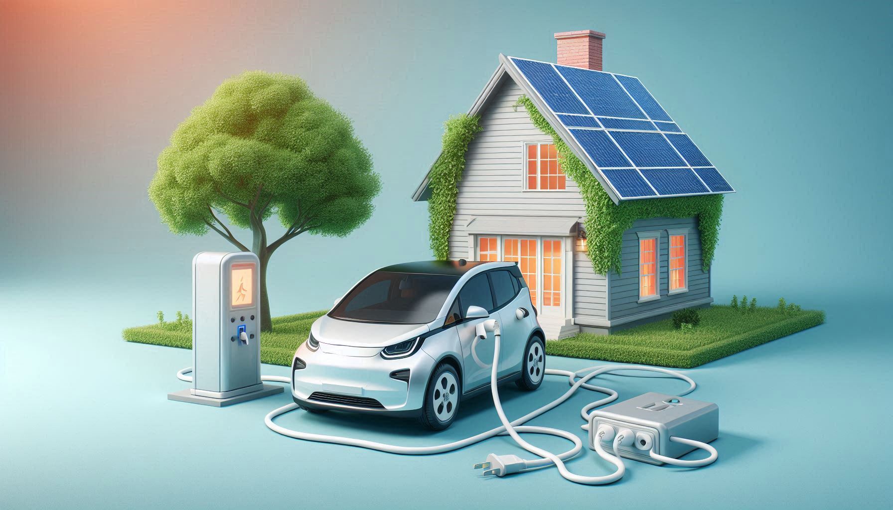 Elektromos autó, amely egy otthon elektromos rendszeréhez csatlakozik, bemutatva a jármű-hálózat energia tárolásának koncepcióját.