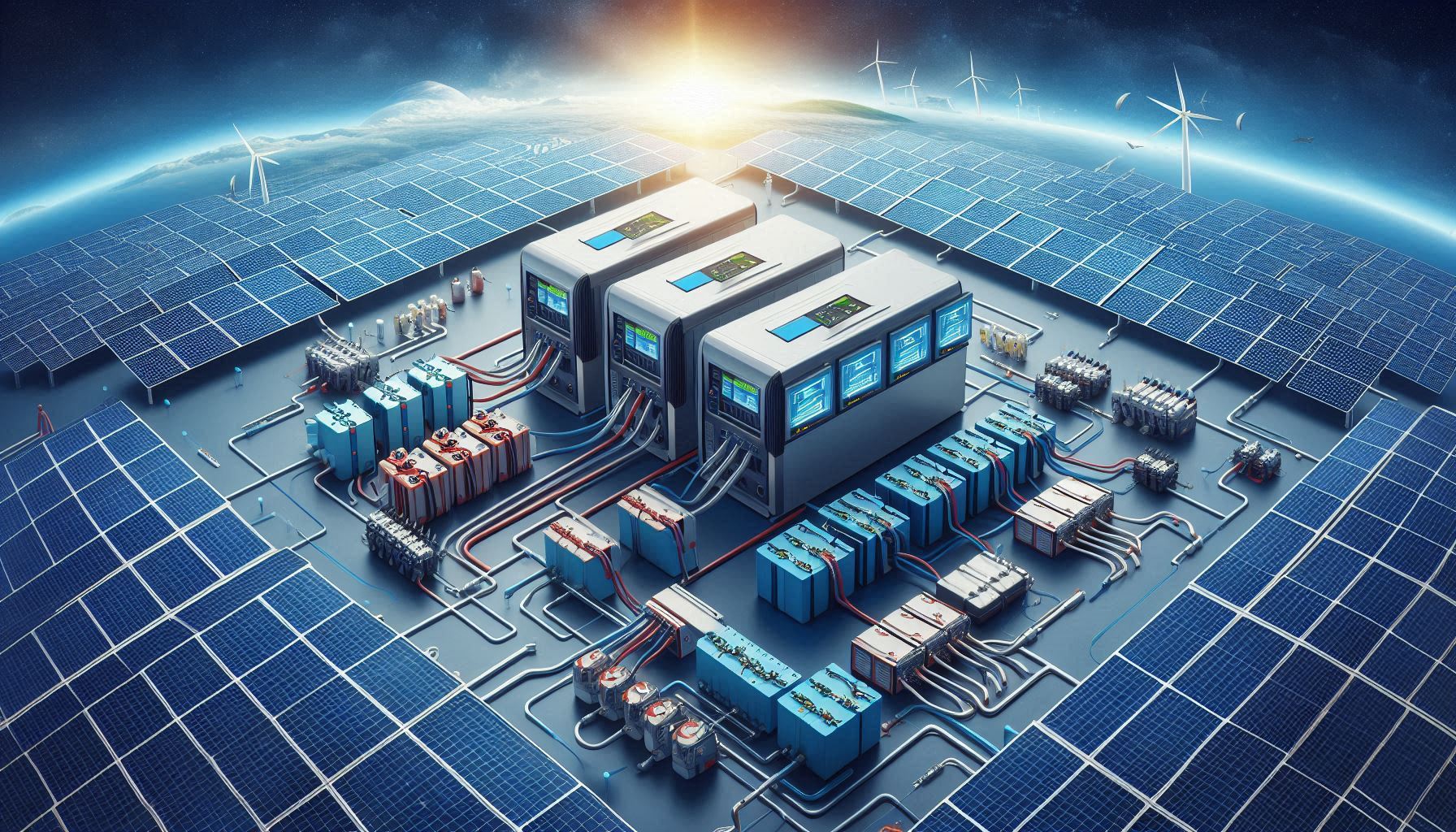 Három egyfázisú inverter, amelyek napelemekhez és akkumulátorokhoz csatlakoznak