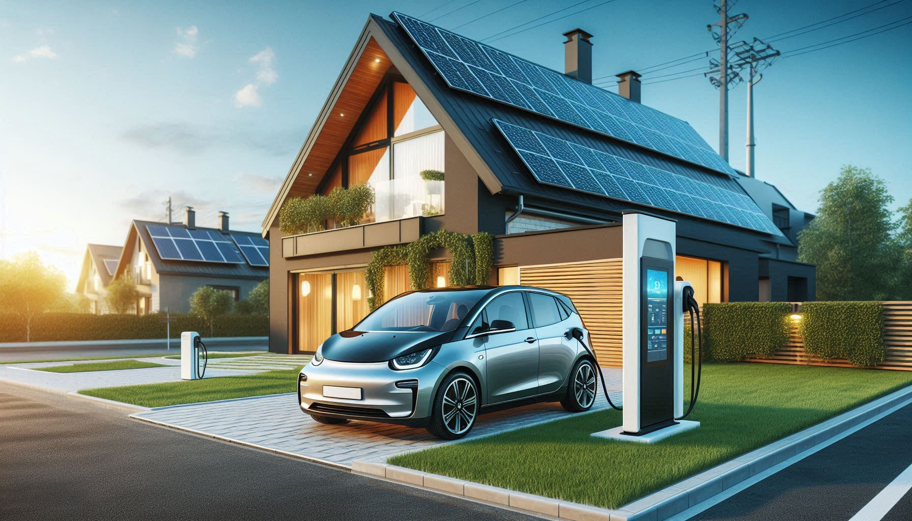 Mobil listrik sedang mengisi daya di samping rumah modern dengan panel surya