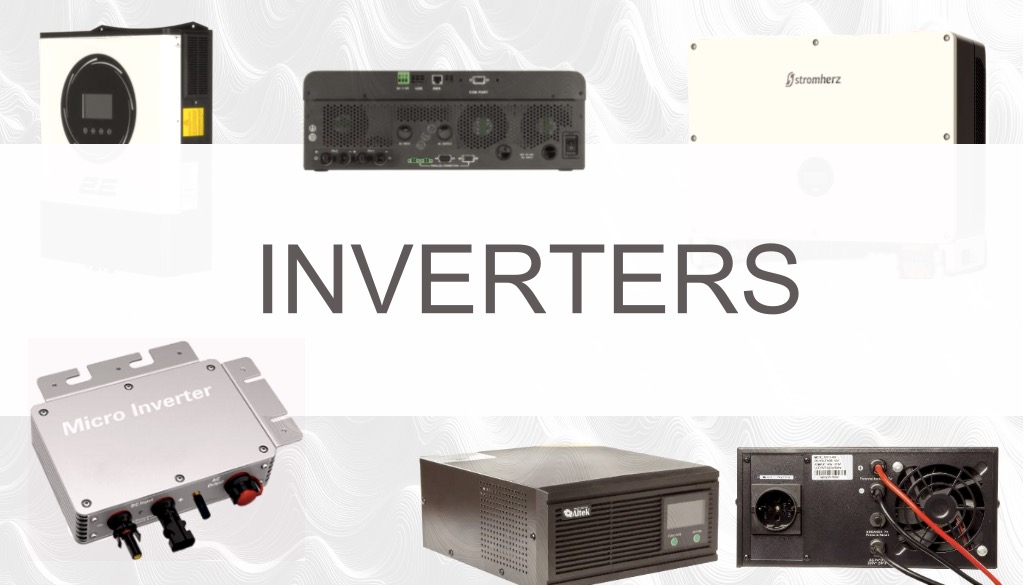 Diagram inverter yang menunjukkan konversi DC ke AC dengan contoh gelombang sinus murni dan gelombang sinus modifikasi