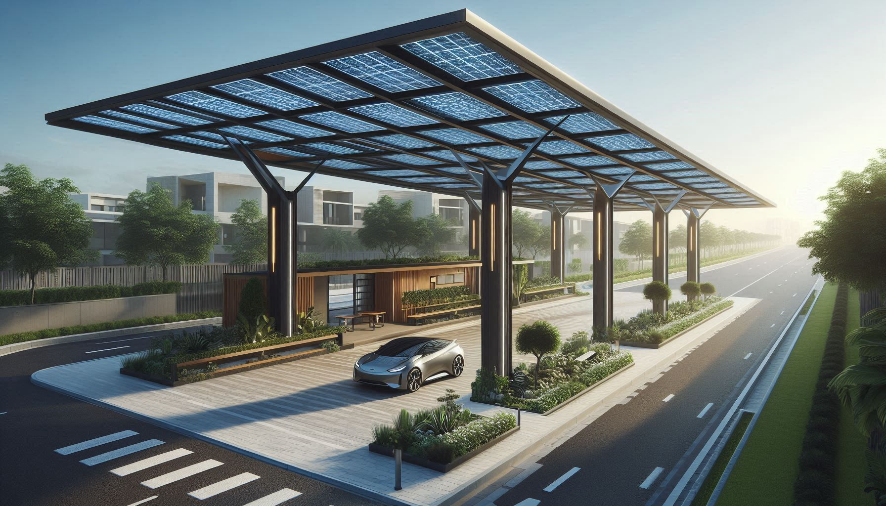 Struktur carport modern dengan panel surya sebagai atap, memberikan naungan dan energi bersih