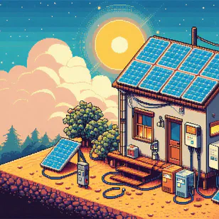 Sistem tenaga surya dengan pengontrol pengisian mengelola kelebihan listrik dalam pengaturan rumah off-grid.