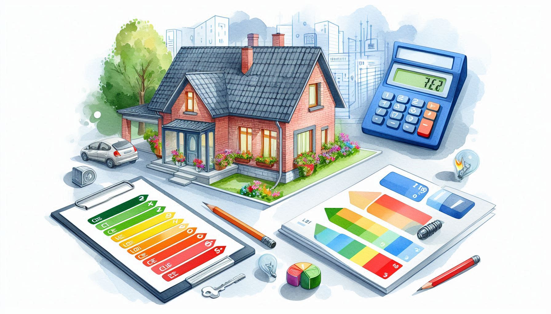 Ilustrasi yang menunjukkan proses menentukan kebutuhan energi rumah, termasuk langkah-langkah seperti menilai peralatan listrik, menghitung total konsumsi energi, mengevaluasi pola penggunaan, dan mempertimbangkan kebutuhan energi di masa depan