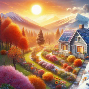 Panel surya di atap rumah dengan latar belakang musiman yang berubah, menggambarkan tantangan produksi energi sepanjang tahun.