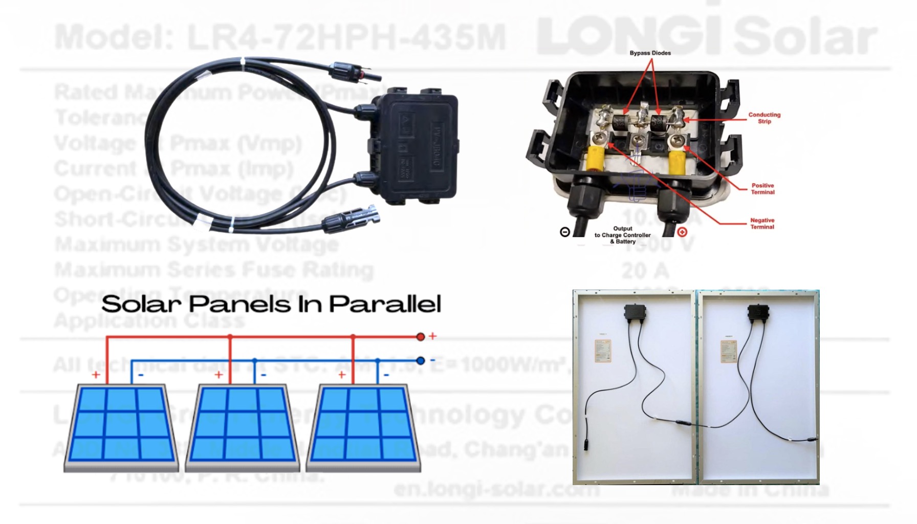 Diagram yang menunjukkan koneksi paralel dan seri panel surya dengan parameter terperinci