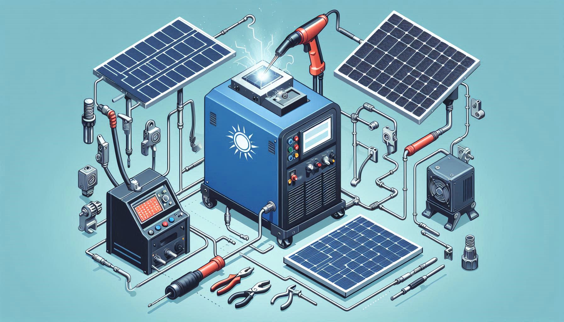 Primo piano di una macchina per saldare collegata a un inverter solare, illustrando le considerazioni sulla compatibilità