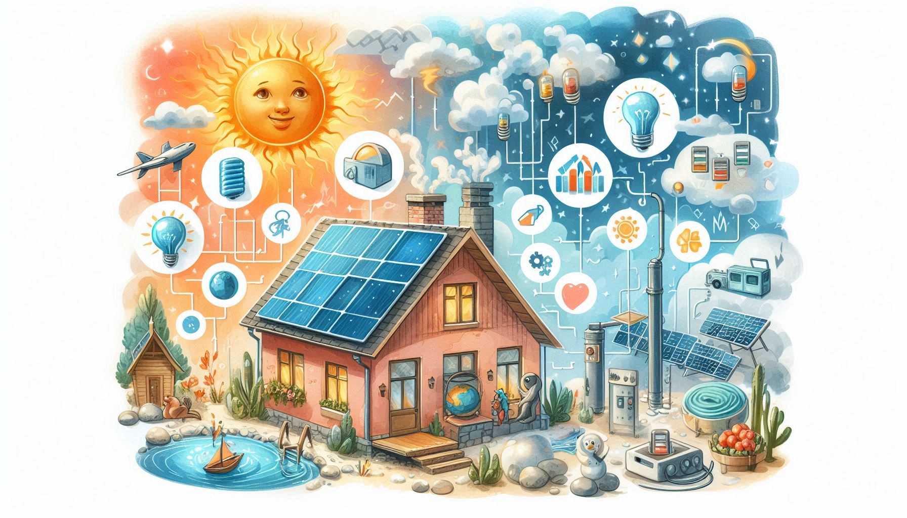 Diagramma che evidenzia i vantaggi e gli svantaggi del riscaldamento solare, includendo benefici come il risparmio sui costi e l&rsquo;impatto ambientale, e svantaggi come i costi iniziali elevati e la dipendenza dalle condizioni meteo