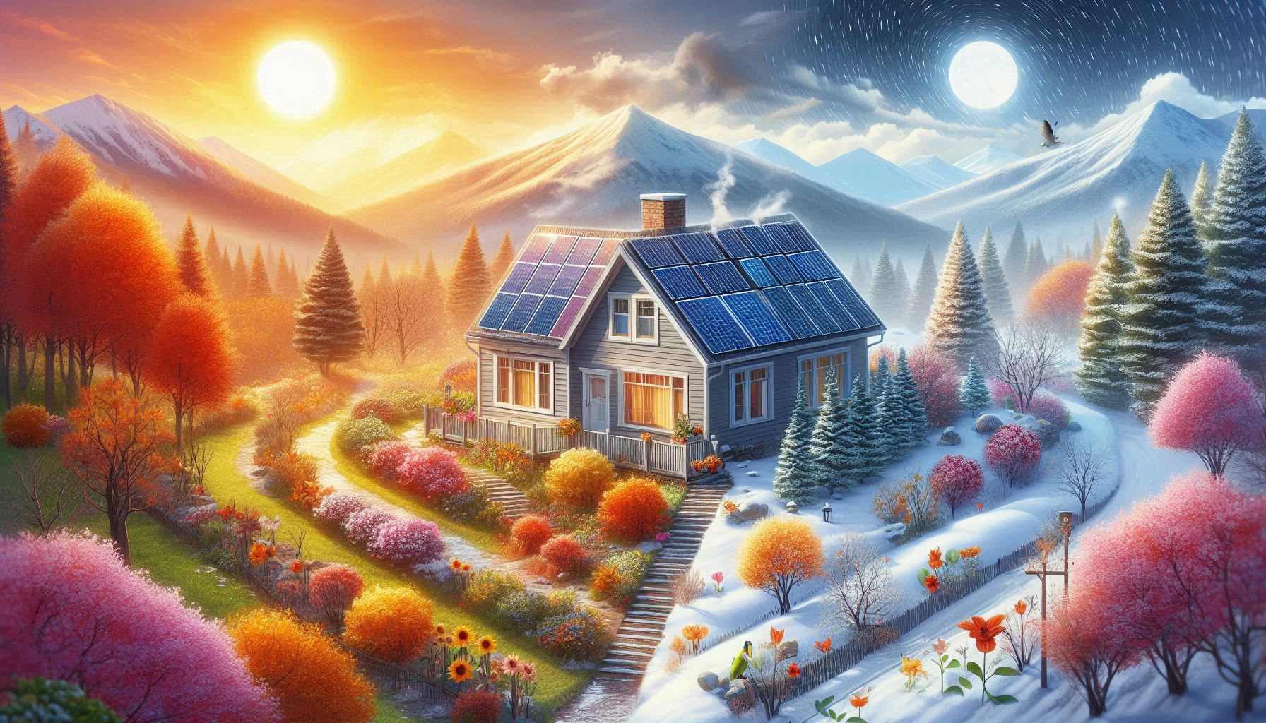 Pannelli solari su un tetto di una casa con sfondi stagionali che cambiano, illustrando le sfide della generazione energetica durante l'anno.