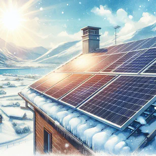 Pannelli solari su un tetto con un angolo di inclinazione ripido per massimizzare la generazione energetica nei mesi invernali, con uno sfondo innevato e luce solare chiara