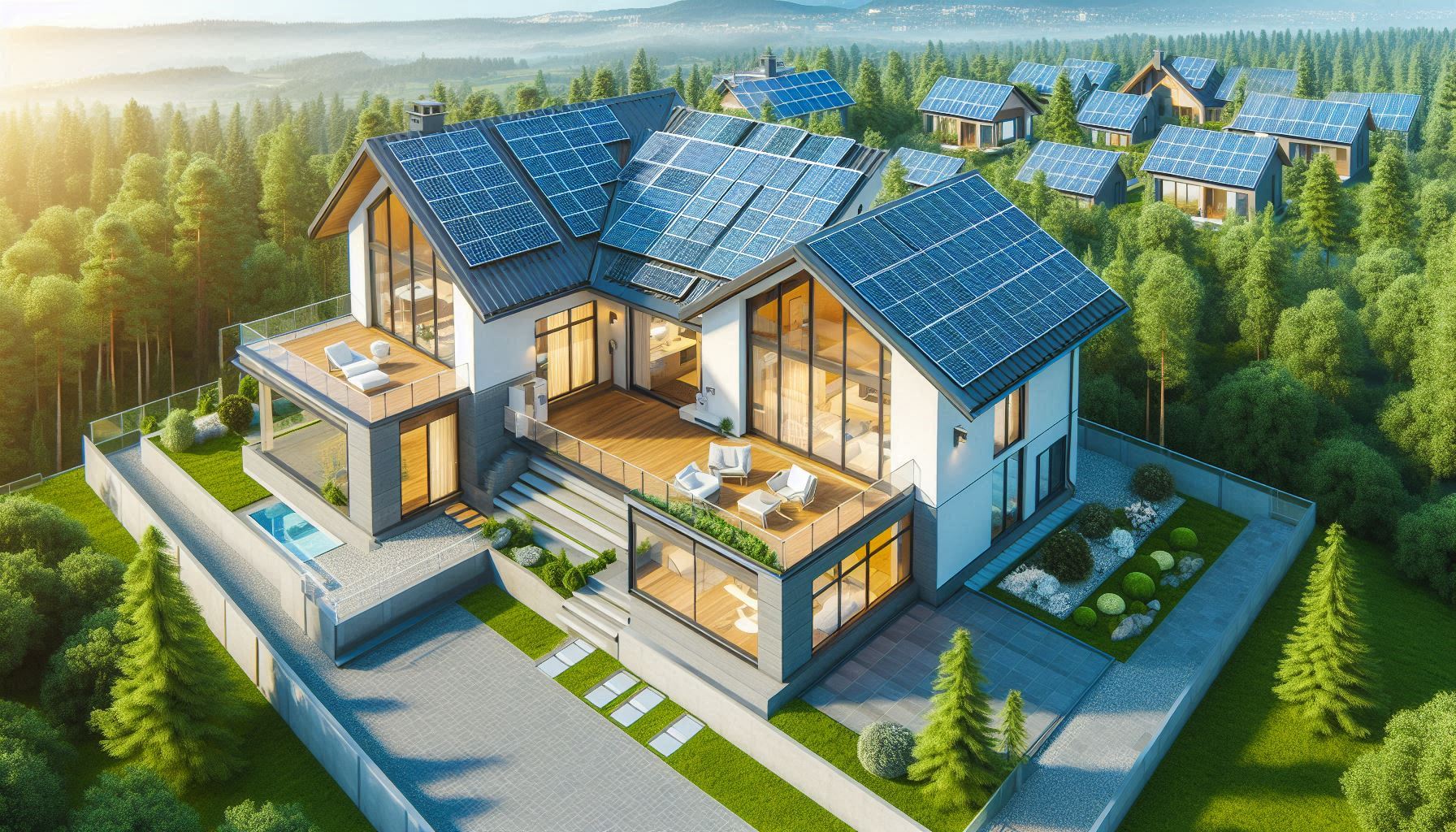 明るい太陽の下で屋根に太陽光パネルが設置された現代的な家、太陽エネルギーの利点を示す
