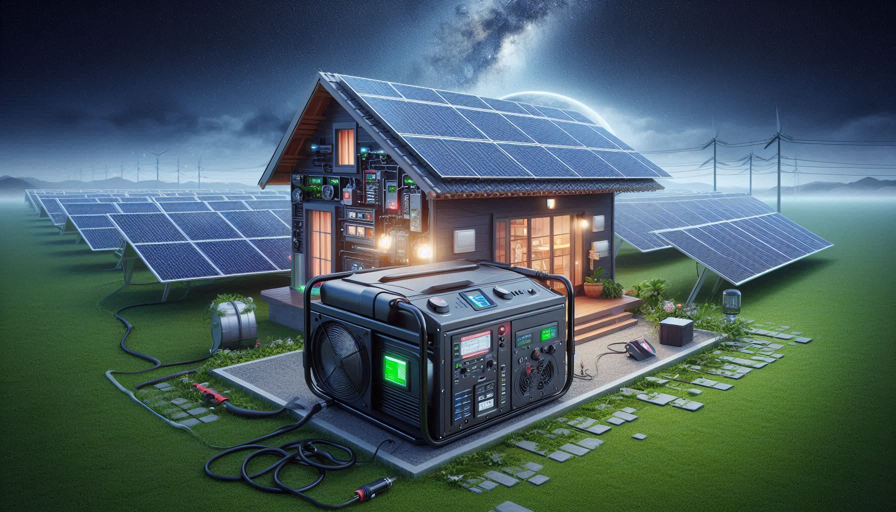 ソーラー発電システムとUPSバッテリーバックアップに接続された発電機。