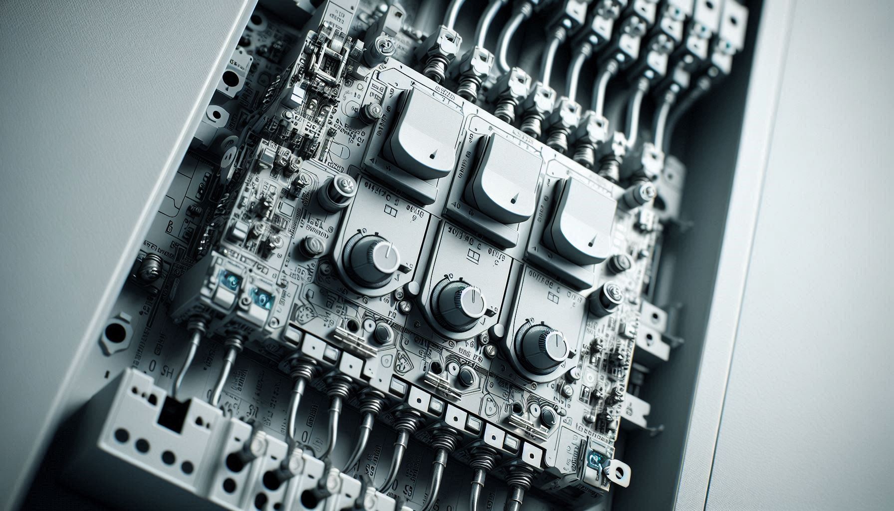 家庭用電気パネルに取り付けられた三位置スイッチのクローズアップ画像。太陽光発電システムや自律型エネルギーシステムにおける電源管理の重要な役割を示しています。