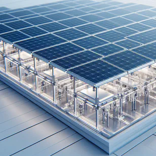白い屋根に取り付けられた両面発電ソーラーパネルのクローズアップビュー。透明なベースと両面デザインが特徴です。