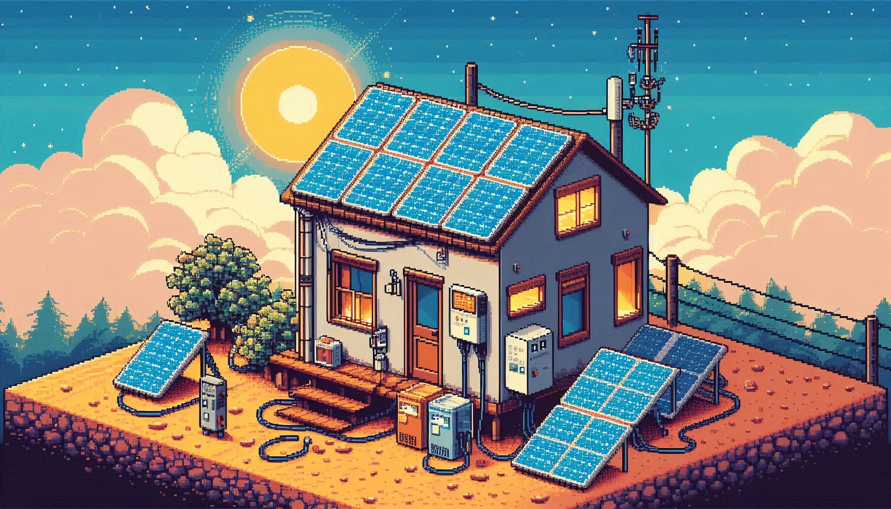 Sistem kuasa solar dengan pengawal pengecas menguruskan tenaga elektrik berlebihan dalam pemasangan rumah off-grid.
