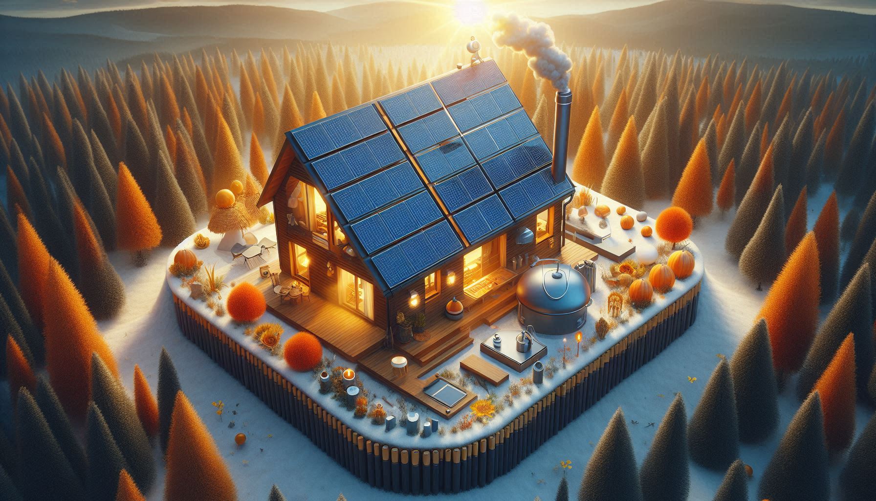 Sistem panel solar di atas bumbung rumah yang direka untuk pemanasan rumah