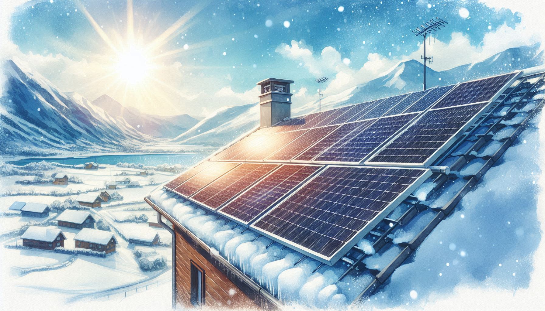 Panel solar di atas bumbung dengan sudut condong yang curam untuk memaksimumkan penjanaan tenaga pada bulan musim sejuk, dengan latar belakang salji dan sinar matahari yang jelas