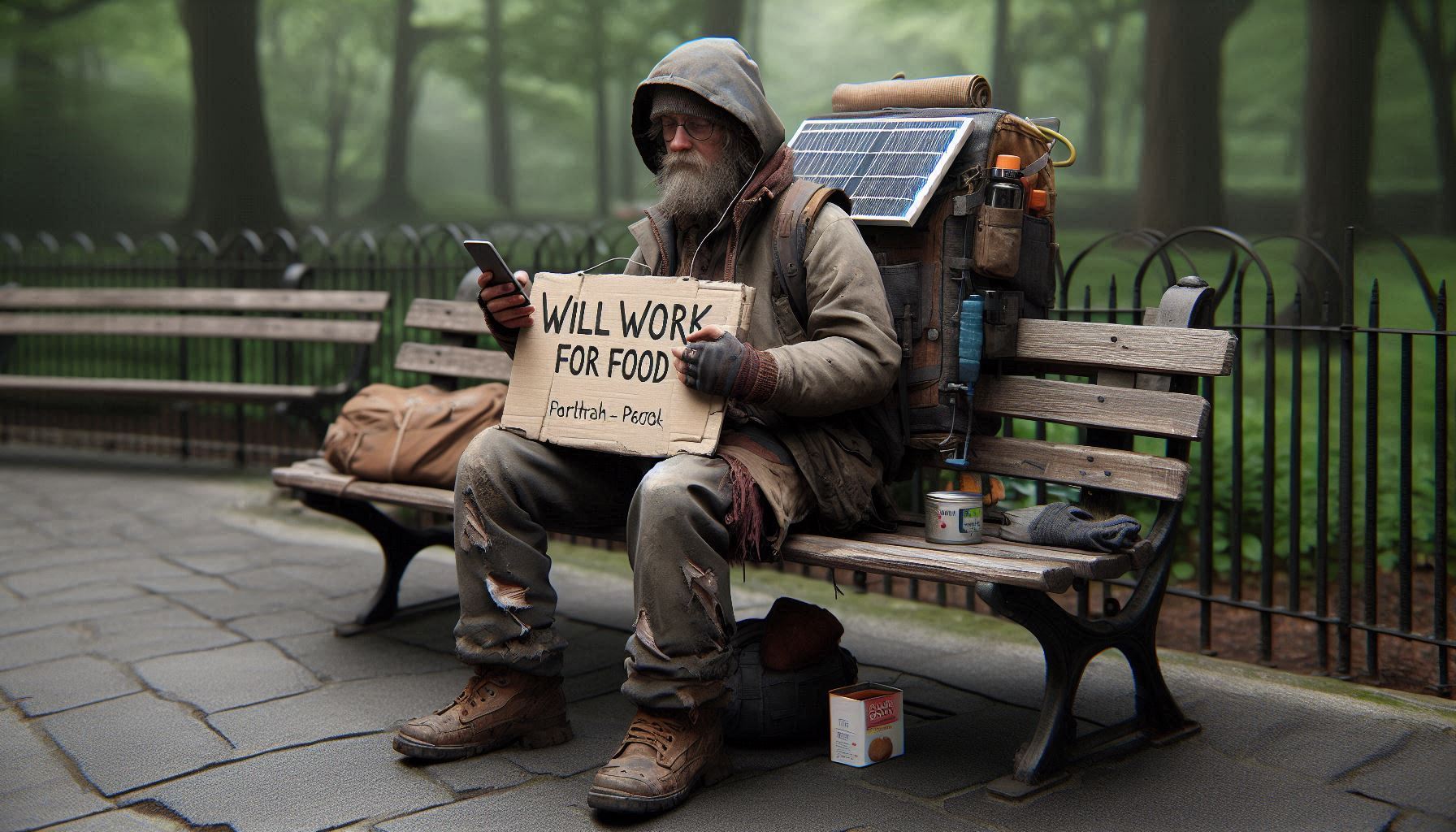 Een hyper-realistische foto van een dakloze man met een zonnepaneel