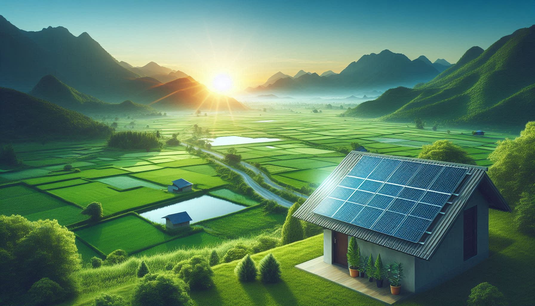 Kleine zonnepaneleninstallatie op een dak met een groene landschap als achtergrond, die milieubehoud symboliseert