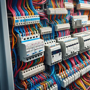 Hjemme elektrisk system som fremhever riktig plassering av spenningsstabilisatorer og reléer