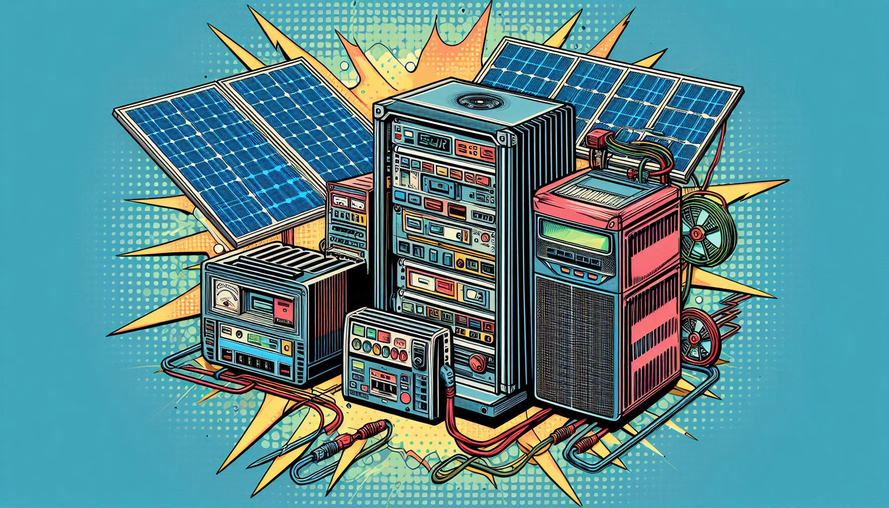 Schemat przedstawiający komponenty i działanie inwerterów solarnych oraz systemów UPS