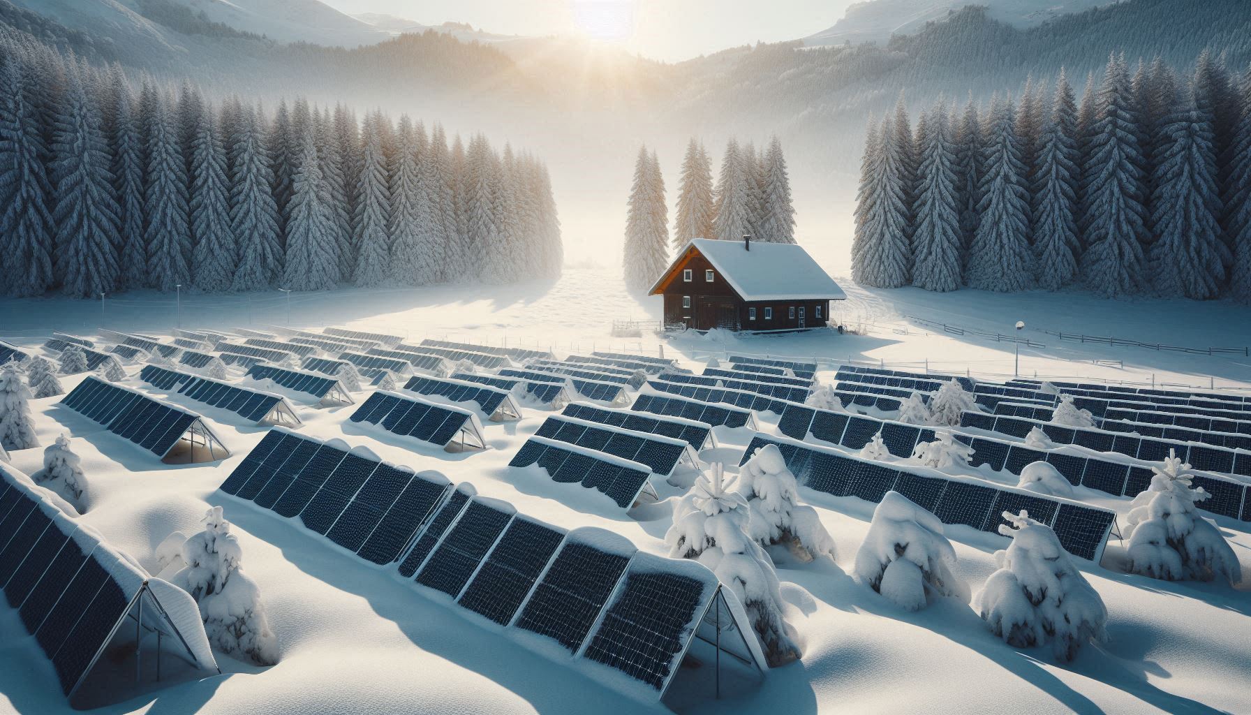 Panele słoneczne pokryte śniegiem w słoneczny zimowy dzień