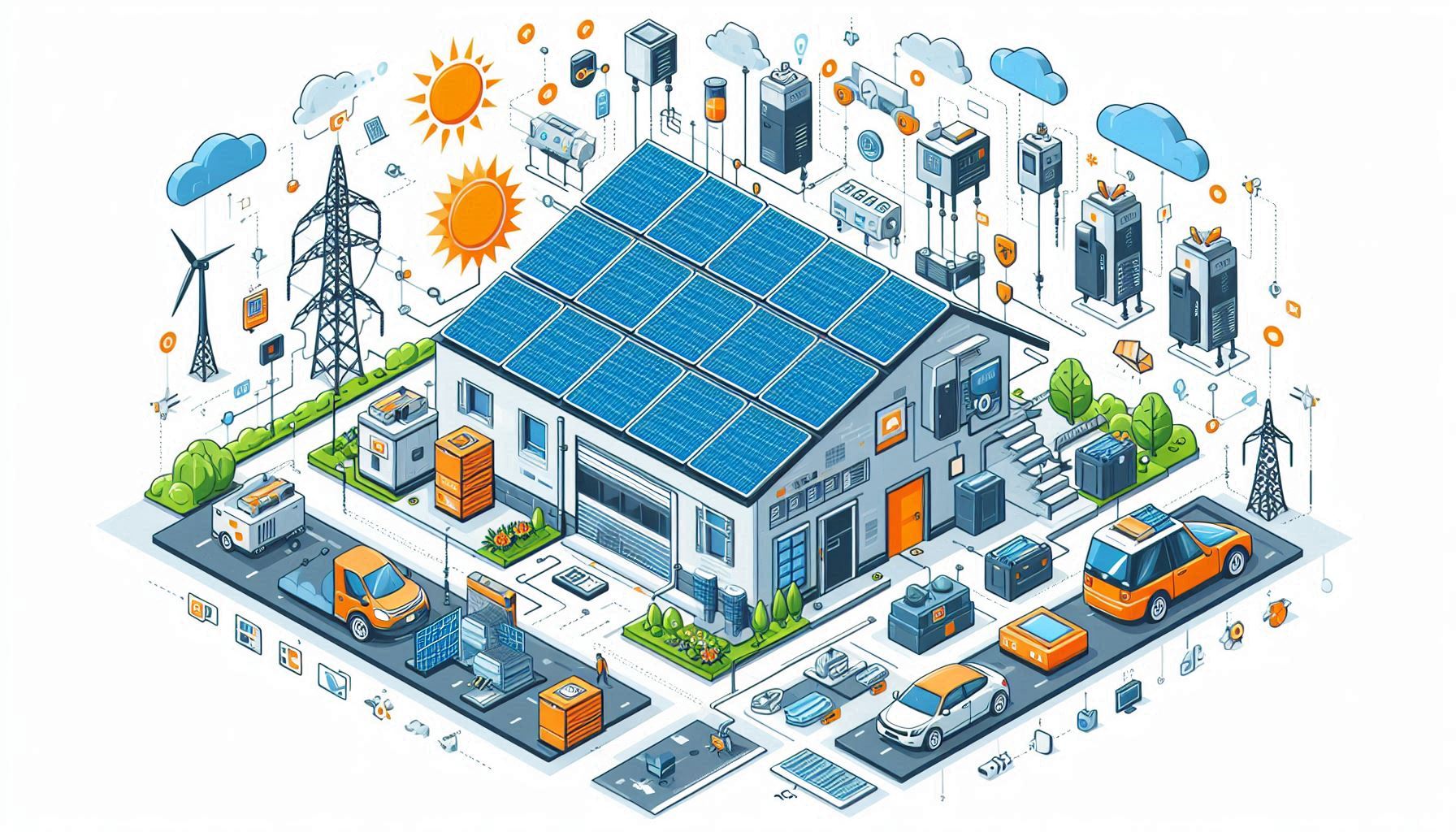 Diagrama de uma estação de energia solar em corrente alternada, mostrando painéis solares, baterias, inversores e outros componentes essenciais