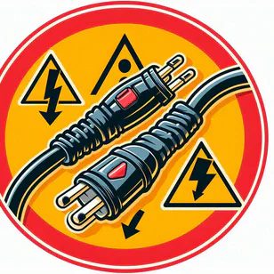 Ilustração mostrando uma conexão perigosa de cabo masculino-para-masculino com símbolos de alerta