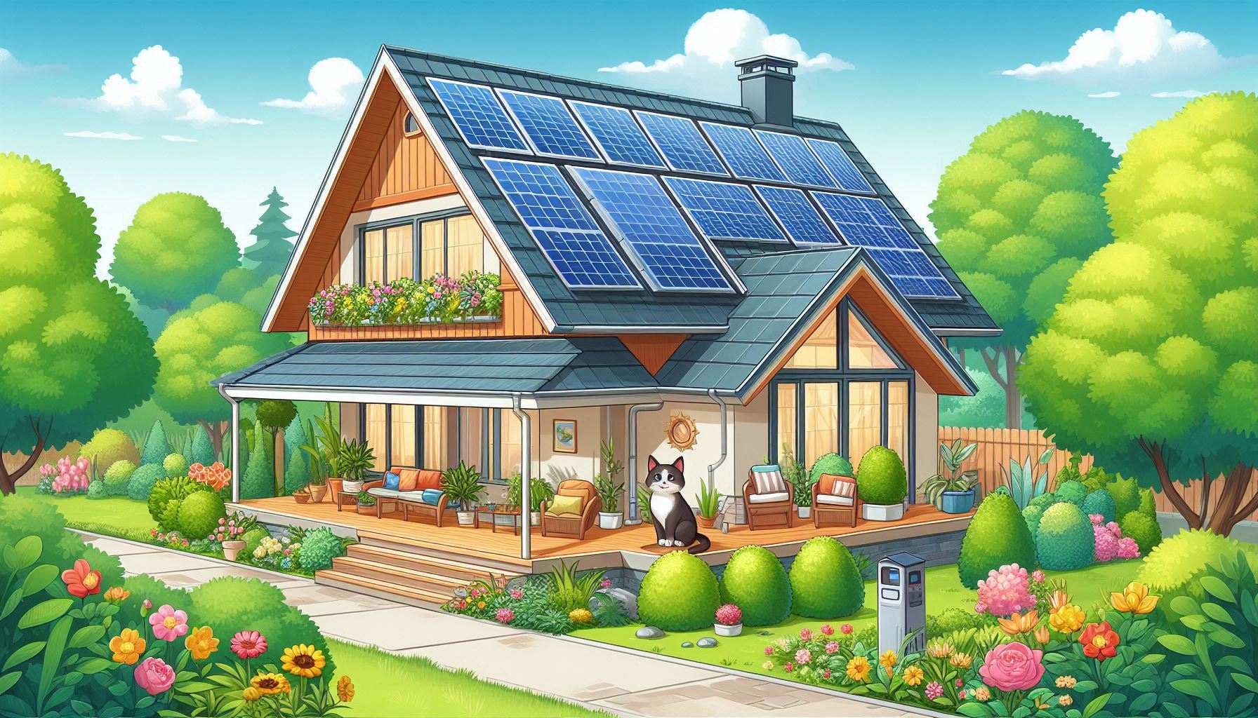 Painéis solares em um telhado residencial com sobreposição de um relógio movido a energia solar