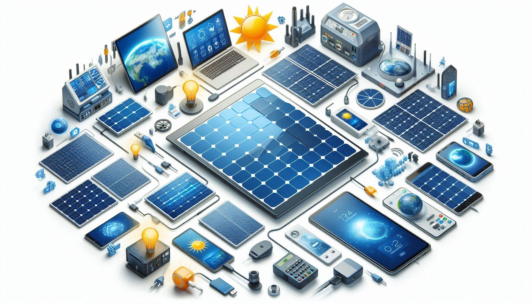 Painéis solares e vários dispositivos eletrônicos mostrando aplicações versáteis dos sistemas de energia solar