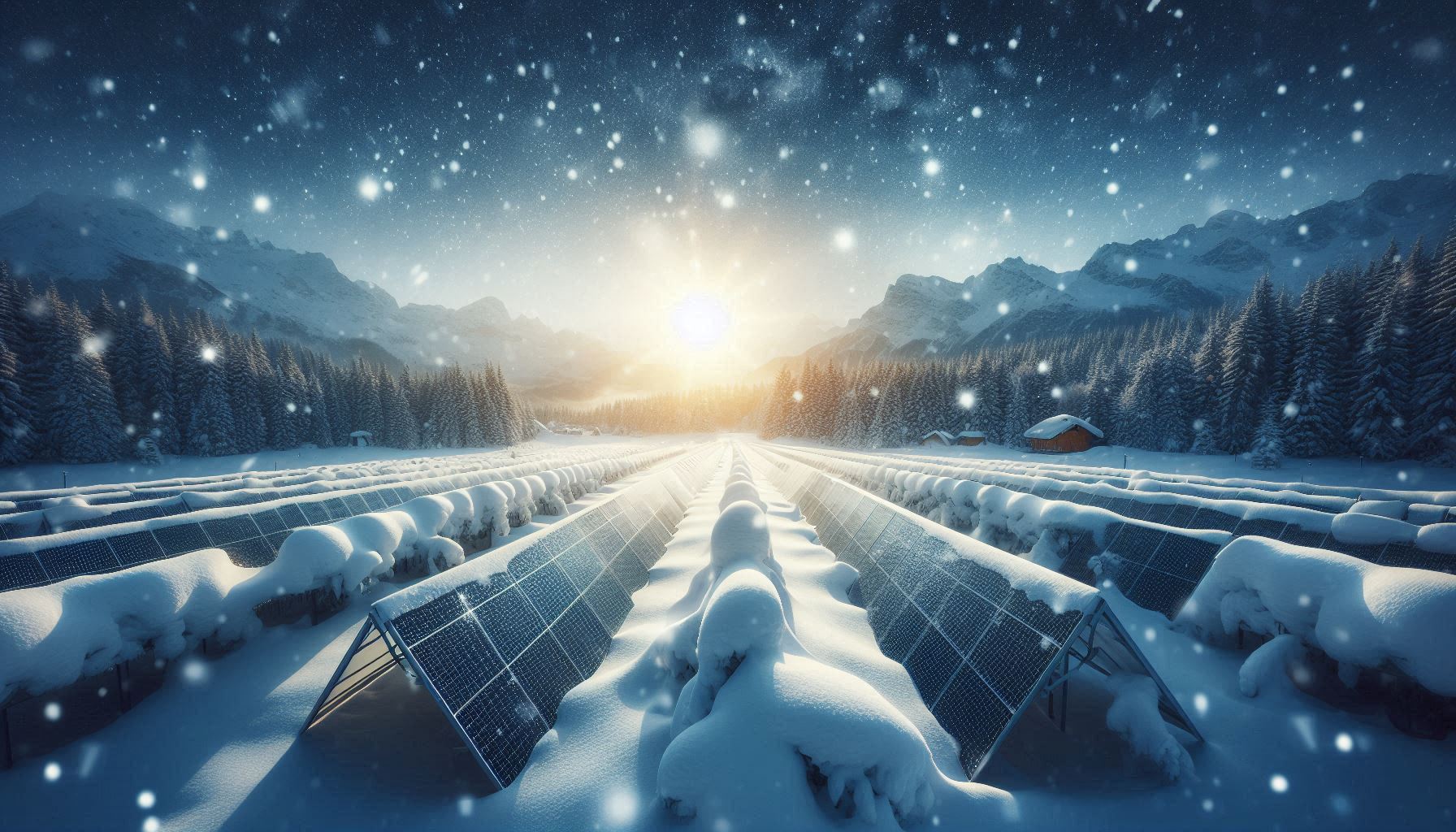 Painéis solares cobertos de neve durante o inverno