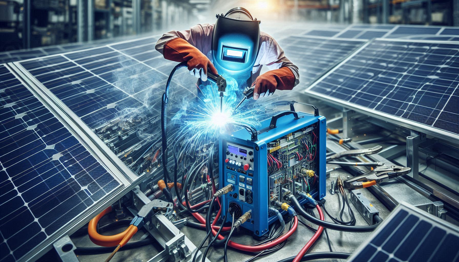 Mașină de sudură conectată la un invertor solar, evidențiind problemele potențiale